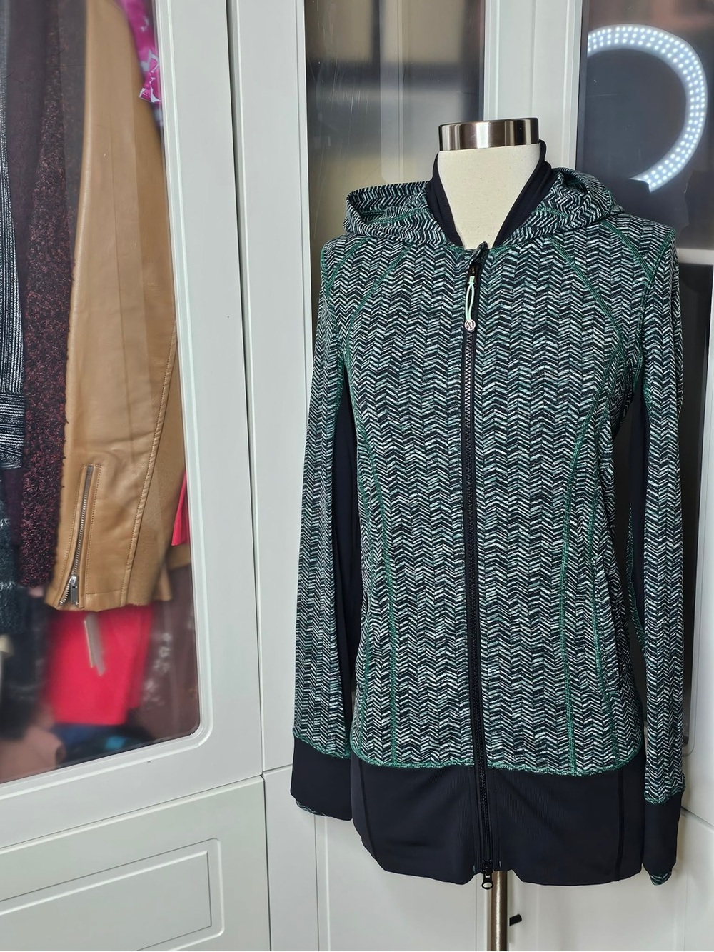 lululemon athletica Hooded Zip Jacket in Black and Teal Pattern